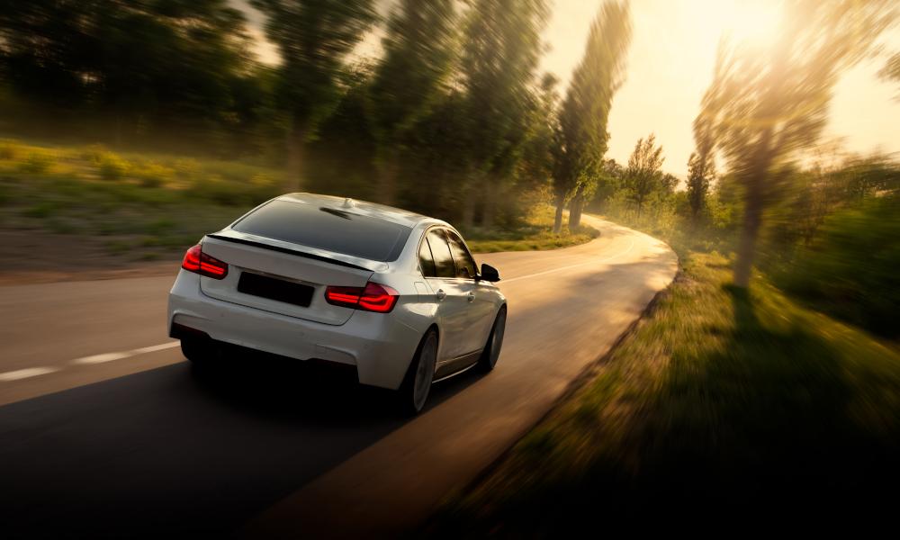 White car driving down a tree-lined road in golden hour